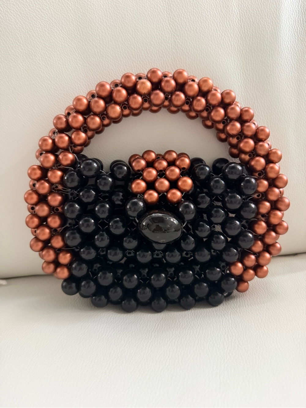 Hand crafted Beaded Top Handle Bag in Black and Copper